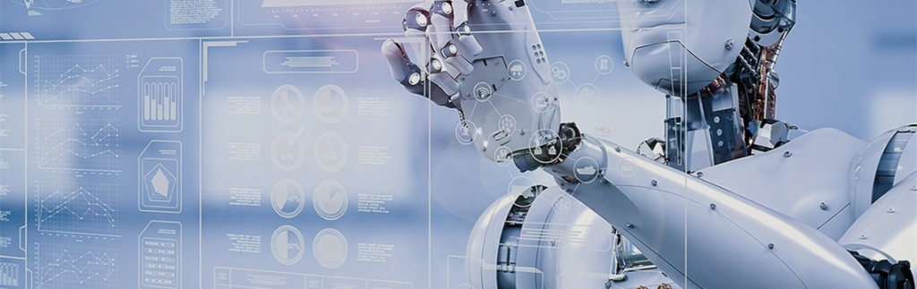 Illustration of a robotic arm on a technology-themed background