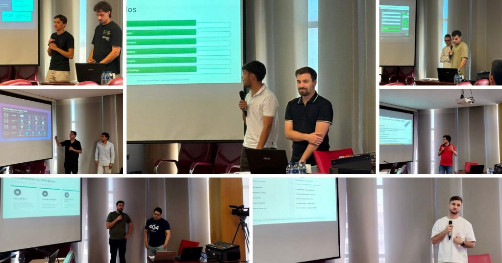 Final-year students presenting their projects in front of projected slides