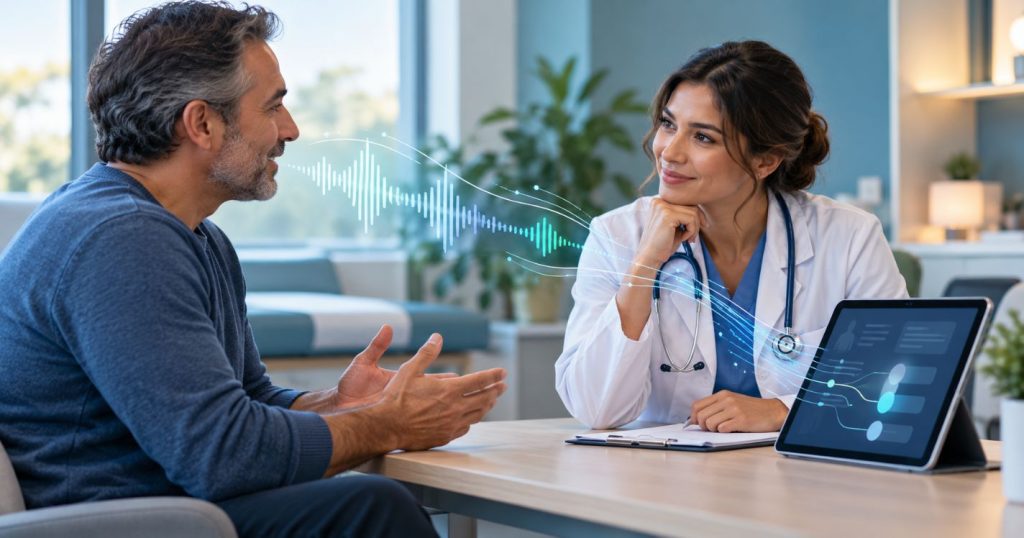 Doctor and patient talking, with a speech waveform flowing into a tablet