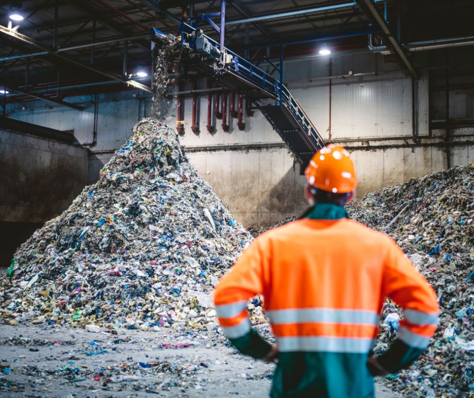 Worker facing piles of plastic waste at a recycling plant