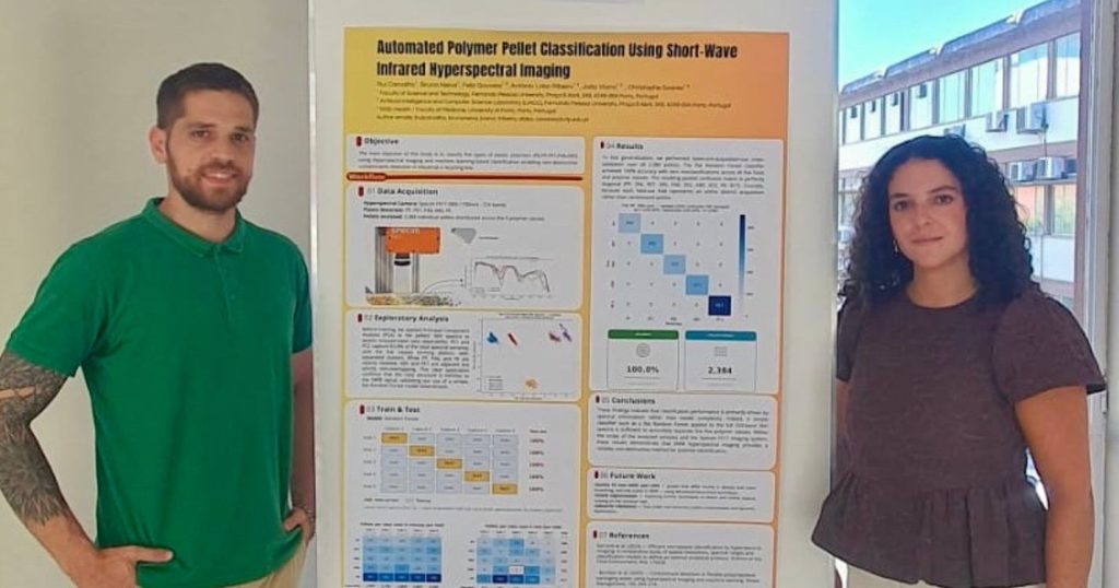Researchers Rui Carvalho and Bruna Neiva beside their poster at AOP 2026