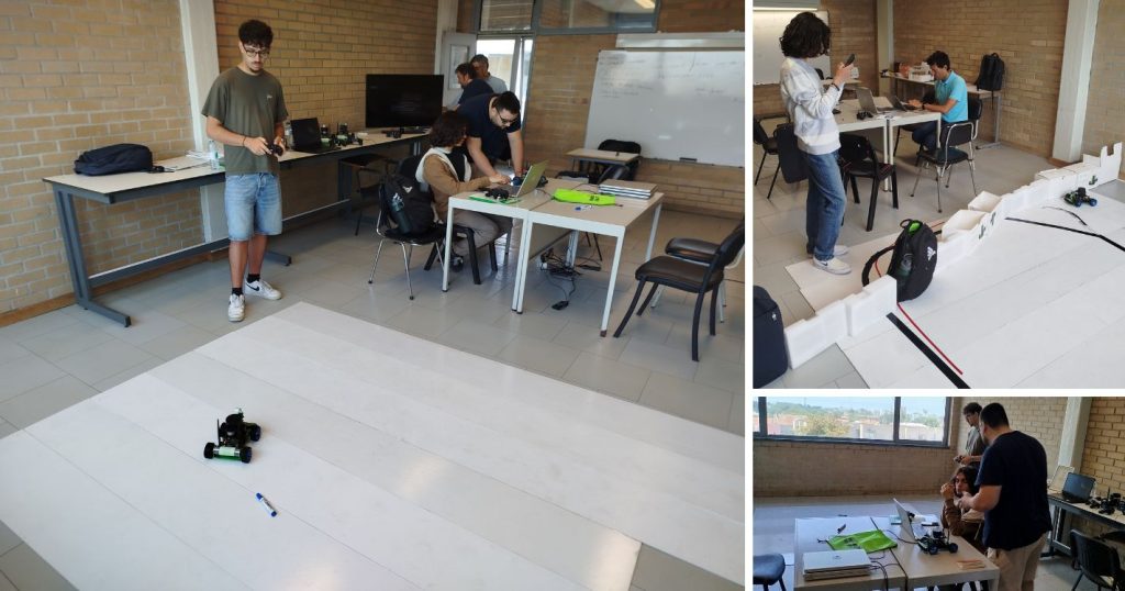 Students testing small robot cars on the floor during the Smart Cars Bootcamp
